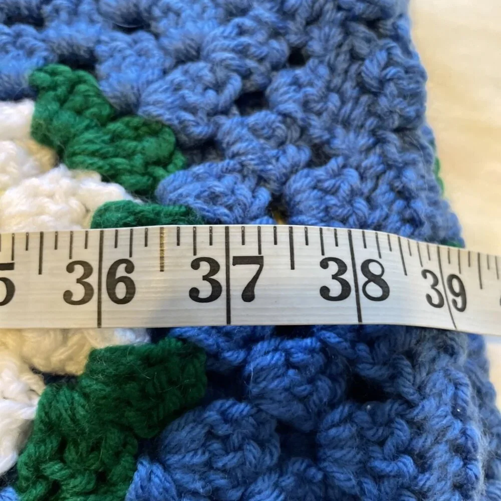 Vintage Handmade Crochet Granny Square Floral Afghan Blanket Blue White 78x80